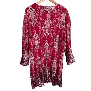 Maggie Barnes Women Top 3X Red Damask Print Crinkle Beaded Dressy Mature Office